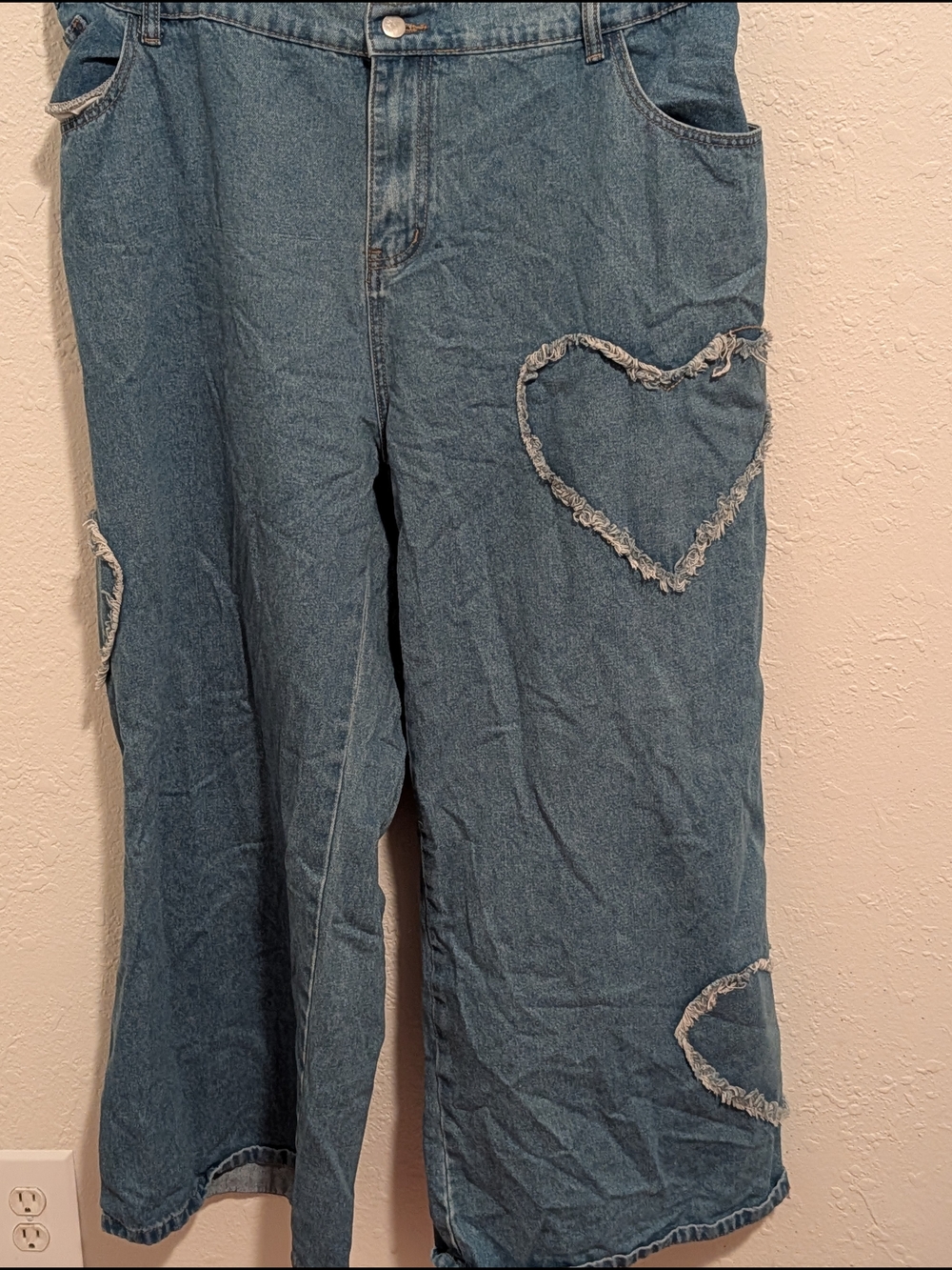 Amazon Women's Blue Denim Wide-Leg Jeans with Frayed Heart Appliqués